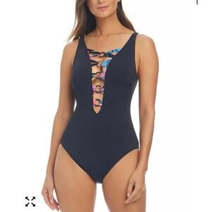 NWT Bleu by Rod Beattie Women's Plunge-Neck One-Piece Swimsuit in Black SZ 12